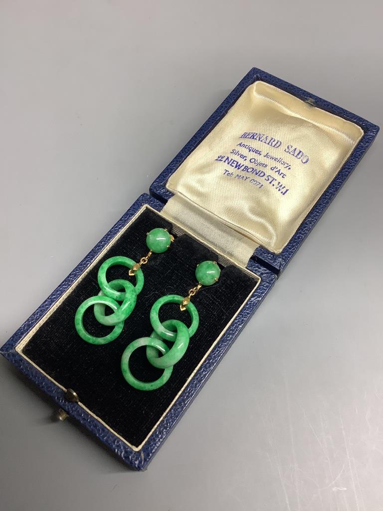 A pair of yellow metal and jade triple loop set drop ear clips